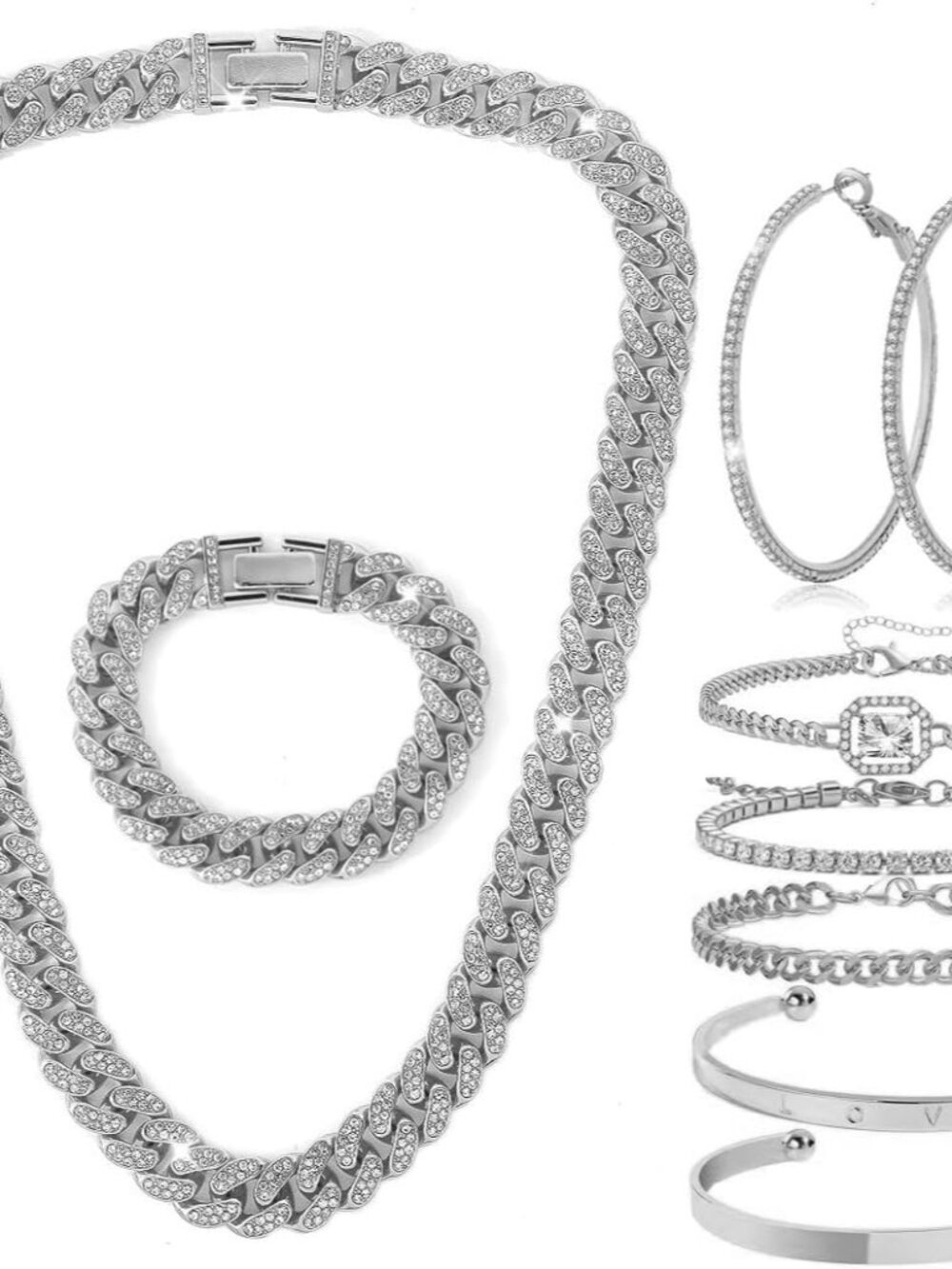 8 PcsCuban Link Chain jewelry sets for Woman with Rhinestone Necklace Bracelet E